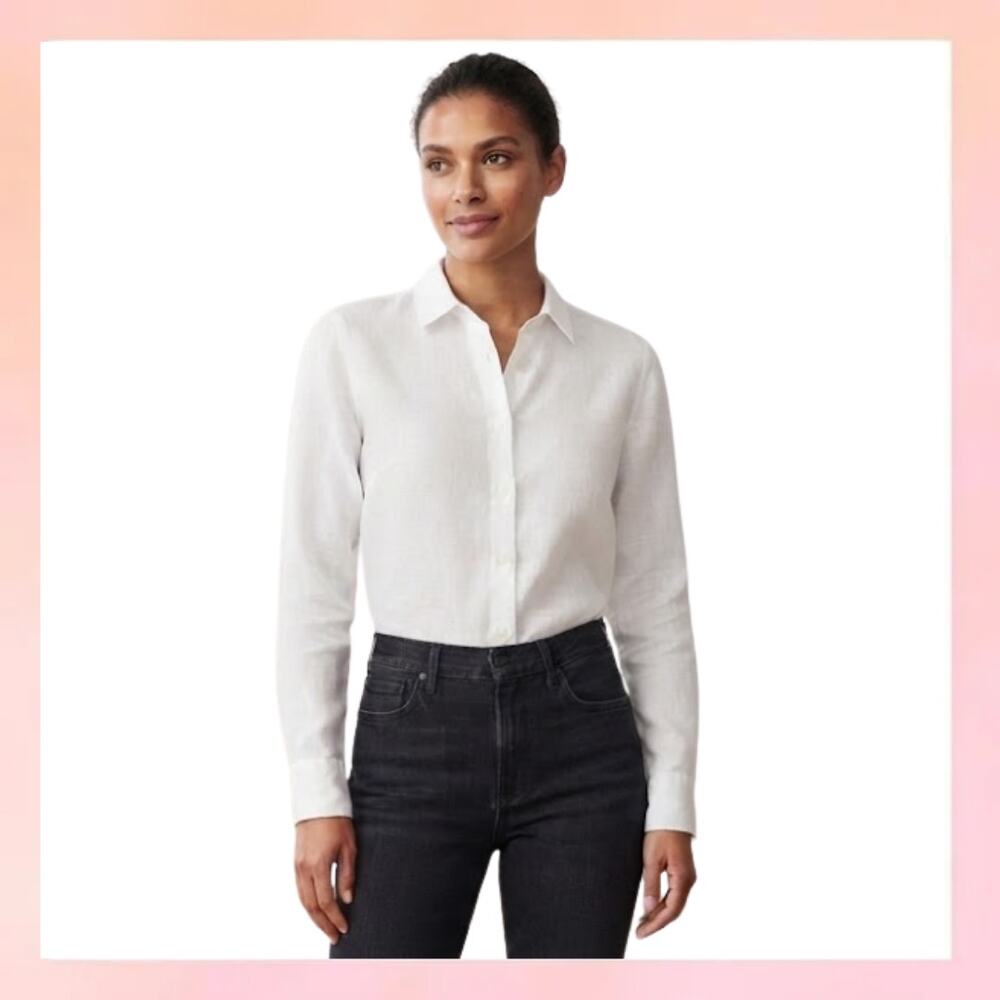 Uniqlo White 100% Linen Long Sleeve Button Down Shirt Top XS